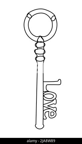 Eine Zeile Schlüssel zum Herzen mit Wort Liebe. Minimalistische Illustration für den Valentinstag. Vektor-Element für romantische Geste Stock Vektor