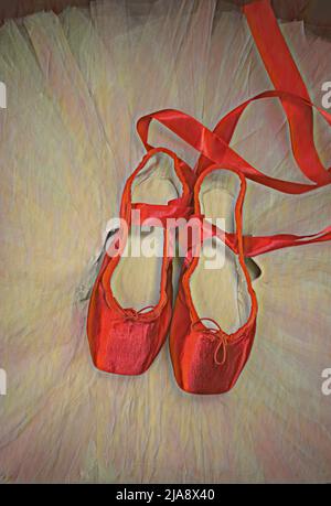 Rotes Ballett spitzenschuhe, die auf einem schwarzen Tutu ruhen. Stockfoto