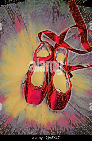 Rotes Ballett spitzenschuhe, die auf einem schwarzen Tutu ruhen. Stockfoto