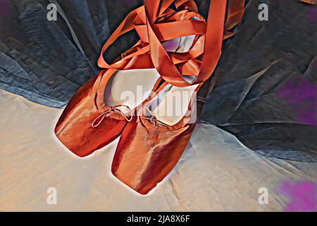 Rote Ballet spitzenschuhe, die auf einem weißen und schwarzen Tutu ruhen. Stockfoto