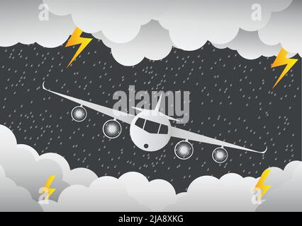Das Flugzeug fliegt durch Wolken. Rainy Day und Blitze in Wolken, Vektorgrafik Stock Vektor