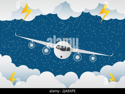 Das Flugzeug fliegt durch Wolken. Rainy Day und Blitz in Wolken, Vektorgrafik. Auf abstraktem Hintergrund. Papierkunst Stock Vektor
