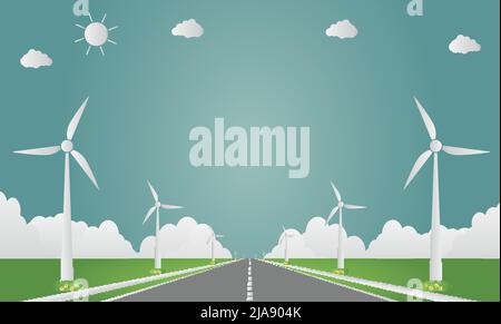Windturbinen mit Sonne sauberer Energie mit umweltfreundlichen Konzept-Ideen für die Straße.Vektordarstellung Stock Vektor