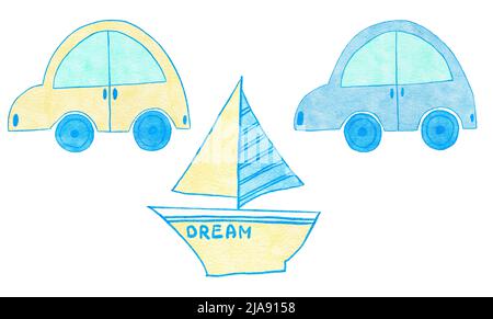 Aquarell handgezeichnete Illustration von blau gelb niedlichen Auto Automobil Yacht Transport. Junge Baby Dusche Design für Einladungen Grußparty, Kindergarten Clipart ist weich pastellfarben modernen minimalistischen Druck für Kinder Stockfoto