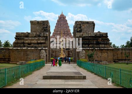 Indischer Tempel. Große hinduistische Architektur in Gangaikonda Chola Puram Tempel, Südindien. Stockfoto