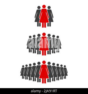 Frau, die aus der Menge heraussticht. Die rote Stabfigur vor den schwarzen Stabfiguren. Gruppenleiter. Unterschied und Individualität Konzept. Personen g Stockfoto