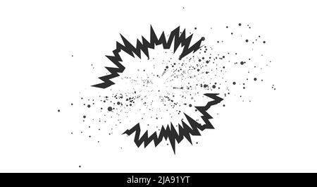 Cartoon Explosion mit fliegenden Partikeln Effekt. Radiale Explosionsilhouette. Flache Abbildung isoliert auf weißem Hintergrund. Stockfoto