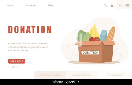 Vorlage für die Landing Page für Lebensmittelspenden. Karton voller verschiedener Produkte. Freiwilligenarbeit und Sozialfürsorge-Konzept. Unterstützung für arme Menschen. Vektor Stock Vektor
