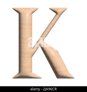 3D Holzkapitale K-Buchstabenabbildung auf weißem Hintergrund Stockfoto