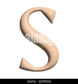 3D Holzkapitale S-Buchstabendarstellung auf weißem Hintergrund Stockfoto