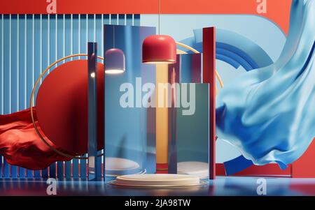 Leere Bühne mit Geometriehintergrund, 3D Rendering. Digitale Zeichnung des Computers. Stockfoto