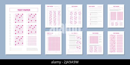 Realistische Antworten auf Testpapier mit roten Blättern gelöster Untersuchungstests mit korrekten Markierungen, Vektorgrafik Stock Vektor