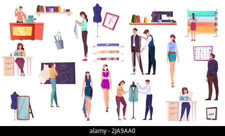 Schneiderei flache Symbole Satz von Designer Schneiderin Schneiderin Schneiderin Kunden und Models isoliert Vektor Illustration Stock Vektor