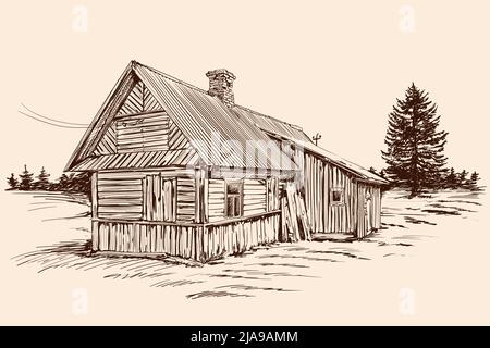 Handskizze auf beigefarbenem Hintergrund. Altes rustikales Holzhaus im russischen Stil und Fichtenbaum in der Nähe des Gebäudes. Stock Vektor