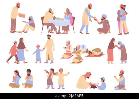 Ramadan Set von flachen Ikonen und isolierten Bildern von betenden muslimischen Menschen mit Imam und Kinder Vektorgrafik Stock Vektor