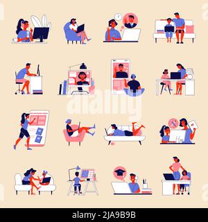 Fernunterricht Komposition mit isolierten Symbolen menschliche Charaktere von Kindern und Erwachsenen mit Remote-Tutoren Vektor-Illustration Stock Vektor