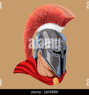 Ein Nahaufnahme-Porträt eines antiken römischen Kriegers in einem Helm mit Umhang. Stock Vektor