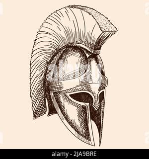 Helm des antiken griechischen Kriegerhopliten mit einem nationalen Mäander-Ornament. Einfache Handskizze isoliert auf beigem Hintergrund. Stock Vektor