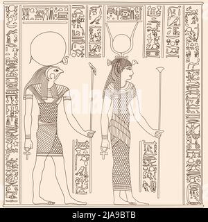 Altägyptischer Papyrus, der zwei Figuren mit Zepter in den Händen zeigt. Hieroglyphen Zeichen und Symbole an der Wand. Stock Vektor