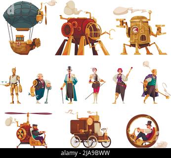 Steampunk Vintage-Technologie-Ikonen mit Zeichentrickfiguren und Fahrzeuge isoliert Vektor-Illustration gesetzt Stock Vektor