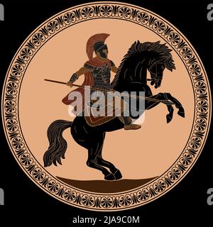 Der antike römische Krieger mit einem Speer in den Händen reitet auf einem Pferd, das angriffsbereit ist. Vektor-Illustration Antike Malerei auf den Schalen. Stock Vektor