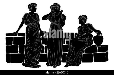 Drei altgriechische Frauen in Tuniken in der Nähe einer Steinbrüstungsbrüstungen führen einen Dialog. Vektor-Illustration im Vintage-Stil. Stock Vektor