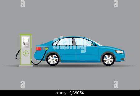 Aufladen eines blauen Pkw an einer elektrischen Ladestation. Flache Vektorgrafik. Stock Vektor