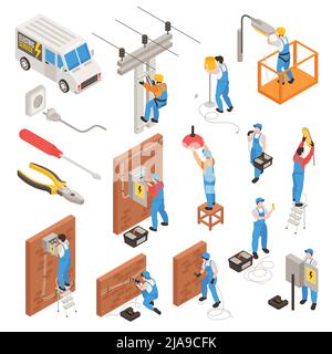 Isometrische Symbole für Elektriker mit isolierten Vektorbildern für Wartungs- und Servicesymbole Stock Vektor