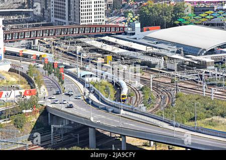 Luftaufnahme Bahnhof Stratford städtische Infrastruktur Landschaft Sanierung East London 2012 Olympische Spiele & Westfield Shopping Centre England Großbritannien Stockfoto