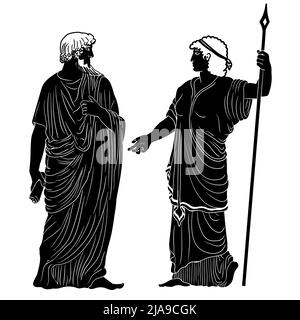Ein alter griechischer Mann mit einer Schriftrolle in der Hand spricht mit einer Frau mit einem Stab. Zwei Figuren isoliert auf weißem Hintergrund. Stock Vektor