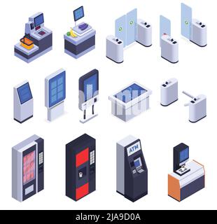 Schnittstellen isometrische Symbole mit 3D atm Information Kiosk Self Checkout Getränkeautomat Drehkreuz isoliert Vektor Illustration gesetzt Stock Vektor