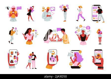 Soziale Netzwerk Satz von isolierten Symbolen mit menschlichen Händen halten Smartphones mit Doodle-Zeichen und Zeichen Vektor Illustration Stock Vektor