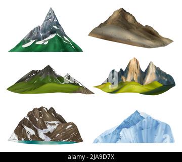 Realistische Berge mit sechs isolierten Bildern mit Klippenbereichen zu verschiedenen Wetterzeiten und Höhenvektoren Stock Vektor
