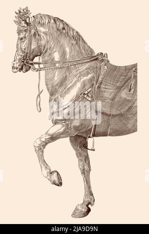 Pferd mit Sattel und Geschirr im Vintage-Stil auf beigem Hintergrund. Stock Vektor