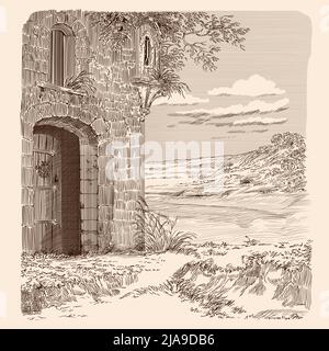 Mittelalterliche Steinburg und hügelige Landschaft. Die Tür öffnet sich zu einem geheimen Eingang. Stock Vektor