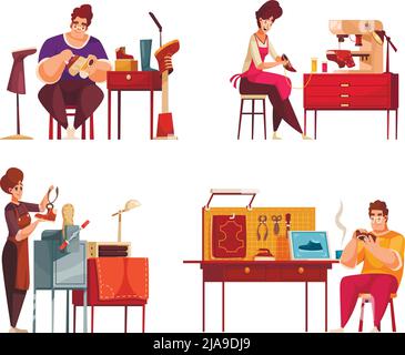 Cartoon Schuhmacher vier Kompositionen mit Schuster Reparatur Schuhe mit speziellen Geräten in der Werkstatt isoliert Vektor-Illustration gesetzt Stock Vektor