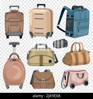 Sporttaschen und touristische Koffer auf Rädern Farbkollektion auf transparentem Hintergrund isoliert Vektor-Illustration Stock Vektor
