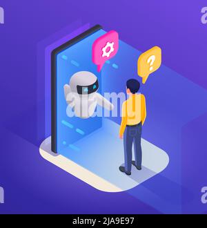 Chatbot Messenger Programmkonzept mit Unterstützungssymbolen isometrische Vektordarstellung Stock Vektor