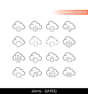 Vektorsymbole für Cloud-Datenspeicherung. Gliederungssymbole zum Hochladen und Herunterladen von Service-Sharing. Stock Vektor