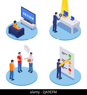 Customer Experience Konzept isometrische kreisförmige Kompositionen mit Produkt Förderung gekaufte Ware Bewertung Bewertung Feedback Software Vektor illustraa Stock Vektor