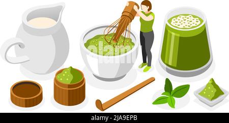 Teeset mit grünen Matcha-Teesymbolen isometrischer Vektor-Illustration Stock Vektor