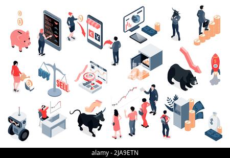 Isometrischer Satz von Finanzanlagen mit Börsenbullen-Bärensymbolen Datenanalyse Kaufentscheidungen Vektor-Illustration Stock Vektor