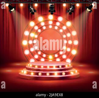 Realistisch glühende leere Retro runde Konzertbühne Podium mit Lampen Scheinwerfer und rote Vorhänge auf Hintergrund Vektor-Illustration Stock Vektor