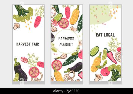 Farm Food fair und Erntefest vertikale Banner oder Flyer Sammlung. Farm Bio-Produktion Verkauf Plakate für Social Media und Druck, Vektor Stock Vektor