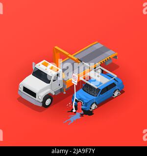 Verkehrsunfälle isometrische Zusammensetzung mit Auto Evakuator in der Nähe beschädigt Fahrzeug abgestürzt in Straßenschild roten Hintergrund Vektor-Illustration Stock Vektor