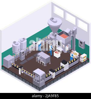 Konservenproduktion isometrische Zusammensetzung mit Innenlandschaft bewegliche Linie und Menschen Verpackung von Lebensmitteln in Dosen Vektor-Illustration Stock Vektor