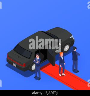 Bodyguards Sicherheitsdienst isometrische Zusammensetzung mit Berühmtheit Schritt aus gepanzerten Auto auf roten Teppich Vektor-Illustration Stock Vektor