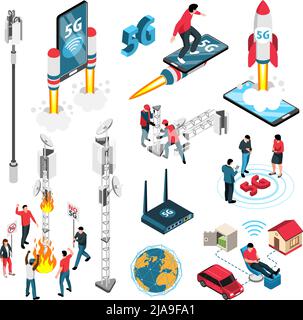 Hochgeschwindigkeits-Internet-Technologie isometrische Symbole Set demonstrierte Ausrüstung zur Förderung der Signalübertragung von 5G Standard isoliert Vektor-Illustration Stock Vektor