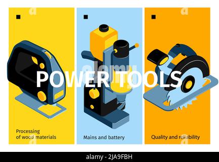 Elektrische Maschine und Werkzeuge vertikale Banner Förderung von Qualität und Zuverlässigkeit in der Verarbeitung mit Holzwerkstoffen isometrische Vektor-Illustration Stock Vektor