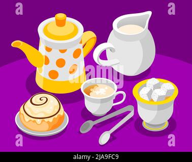 Tee Tag Zusammensetzung mit Löffel Zucker und Milch isometrische Vektor-Illustration Stock Vektor